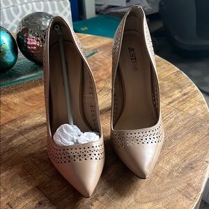 JustFab Tan Stiletto Heels with Perforated Design